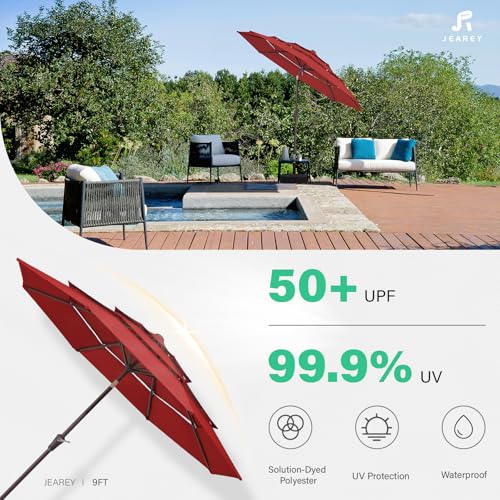 Image of JEAREY 9FT 3 Tier Patio Umbrella Outdoor Market Umbrella Table Umbrellas with 8 Ribs 1.5 Pole Push Button Tilt and Crank UV Protection for Garden,Red