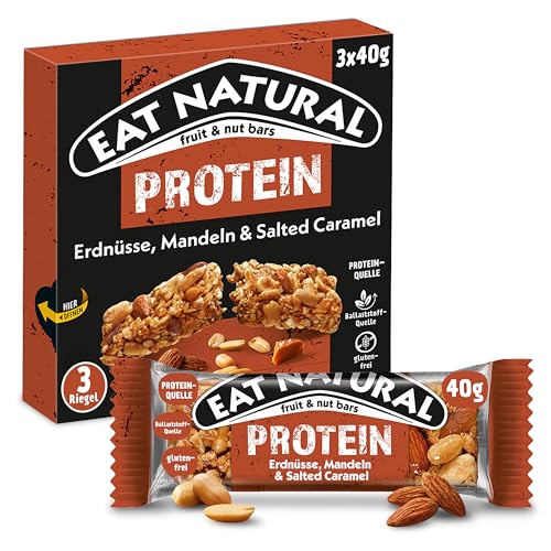 Eat Natural Frucht-und Nussriegel - Protein Erdnüsse, Mandeln und Salted Caramel - Proteinquelle glutenfreier Snack - optimal für unterwegs - 3x40 g