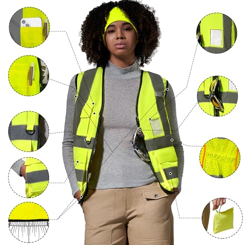 AYKRM women high visibility vest with pocket zipper, Yellow - Image 2