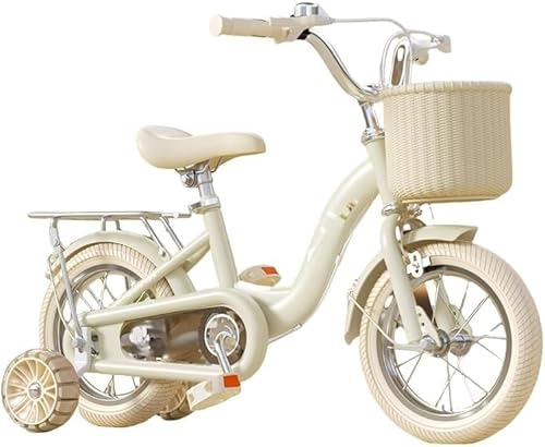 Fancyfly 子供用自転車、2〜10歳の幼児向け、12、14、16、18、20インチ、高さ調節可能、補助輪とバスケット付き、組み立て簡単、おしゃれでかっこいい、男の子にも女の子にも、小学生にも、誕生日プレゼントにも最適 (12インチ,イエロー(ベージュ