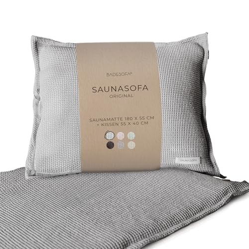 SAUNASOFA Set Long – Saunamatte zum Liegen mit Kissen – Sauna-Auflage für Infrarot & klassische Sauna – Schadstofffrei, waschbar & handgefertigt in Europa – Sauna-Set in Grau