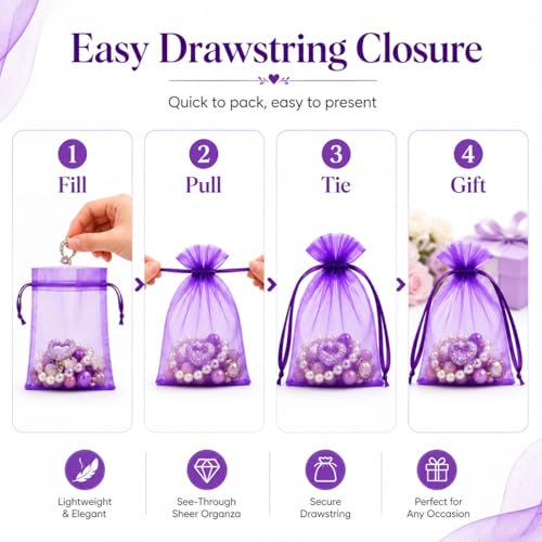 Image of Hopttreely 50pcs Purple Organza Bags, 4x4.72 inch Mesh Bags Drawstring Gift Bags Jewelry Pouches for Candy Wedding Favors Christmas, Bridal Showers, Candy, Jewelry & Goodie Bags