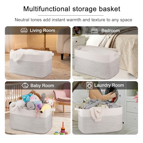 Image of OIAHOMY Extra Large Blanket Basket, 95L Cotton Rope Woven Laundry Basket, Toy Bin for Baby Room, Container for Blanket Storage in Living Room, 24''x17''x14'', Black & White