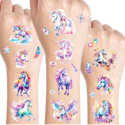 Einhorn Glitzer Tattoo Set Kinder 12 Blätter Einhorn Fake Tattoos für Kinder unicorn Geschenke für Mädchen Geburtstag Party Geschenk Kleine Hautfreundliche Temporäre