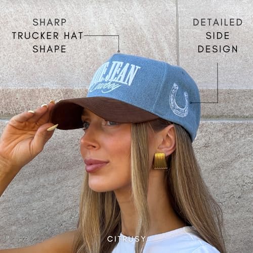 Image of Vintage Western Trucker Hat | Men & Women | Country Cute Caps for Cowgirls Cowboys | Camo Denim Embroidered Cotton | Snapback