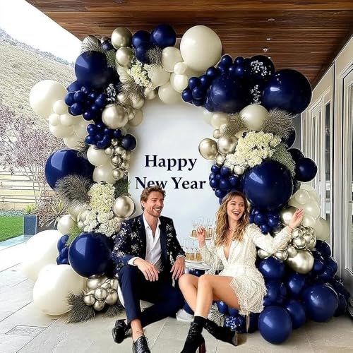 Image of Navy Blue Balloon Garland Double Stuffed Pearl White Royal Blue Balloons Dark Navy Gold Balloon Arch Kit for Birthday Baby Shower Wedding Graduation Father's Day Party Decor