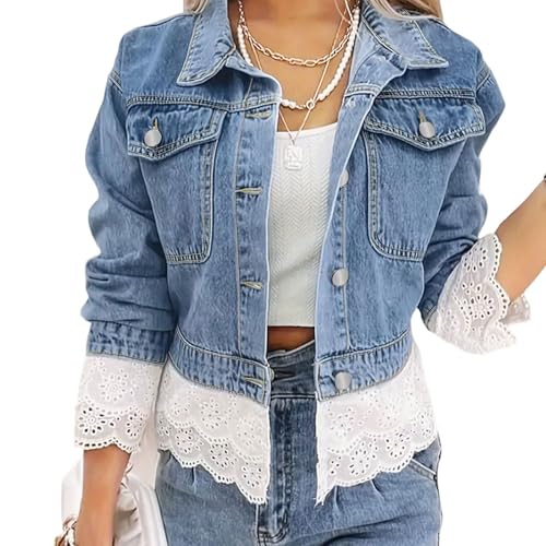 oversized denim jacket for women long sleeved lace trimmed casual fashion womens jean jacket lace Fall Outfits 20254