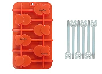 Quince Silicone 6 Cavity Double Heart Shape Lollipop/Popsickle/Jelly Mould with 6 Smiley Sticks 19x19CM