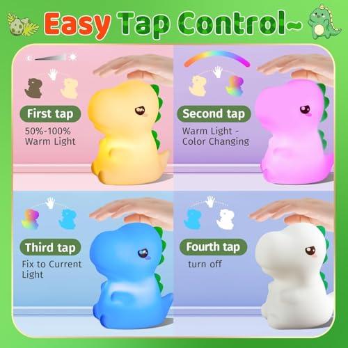 Image of One94Store Rechargeable Silicone Dinosaur Night Light | Cute LED Kids Night Lamp for Bedroom & Nursery | Soft Warm Glow, Touch Control | USB Rechargeable Table Night Light