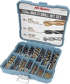 Hi-Spec 130 Piece Multi Drill Bit Set. HSS Titanium, Masonry & Brad Point Steel Bits for Metal, Woods, Plastics, Brick & Concrete. 8 Sizes from 1mm to 10mm. Complete in a Storage Case