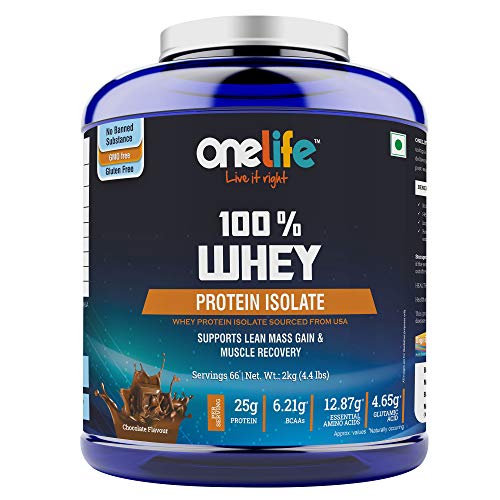 Onelife Whey Protein Isolate 25gm in 30gm of Scoop with BCAA 6.21gm , Amino Acid 12.87gm ,Glutamine 4.65gm, Supports Lean Mass Gain & Muscle Recovery – 2kg Chocolate Flavor (66 Servings) Onelife Whey Protein Isolate 25gm in 30gm of Scoop with BCAA 6.21gm , Amino Acid 12.87gm ,Glutamine 4.65gm, Supports Lean Mass Gain & Muscle Recovery – 2kg Chocolate Flavor (66 Servings)