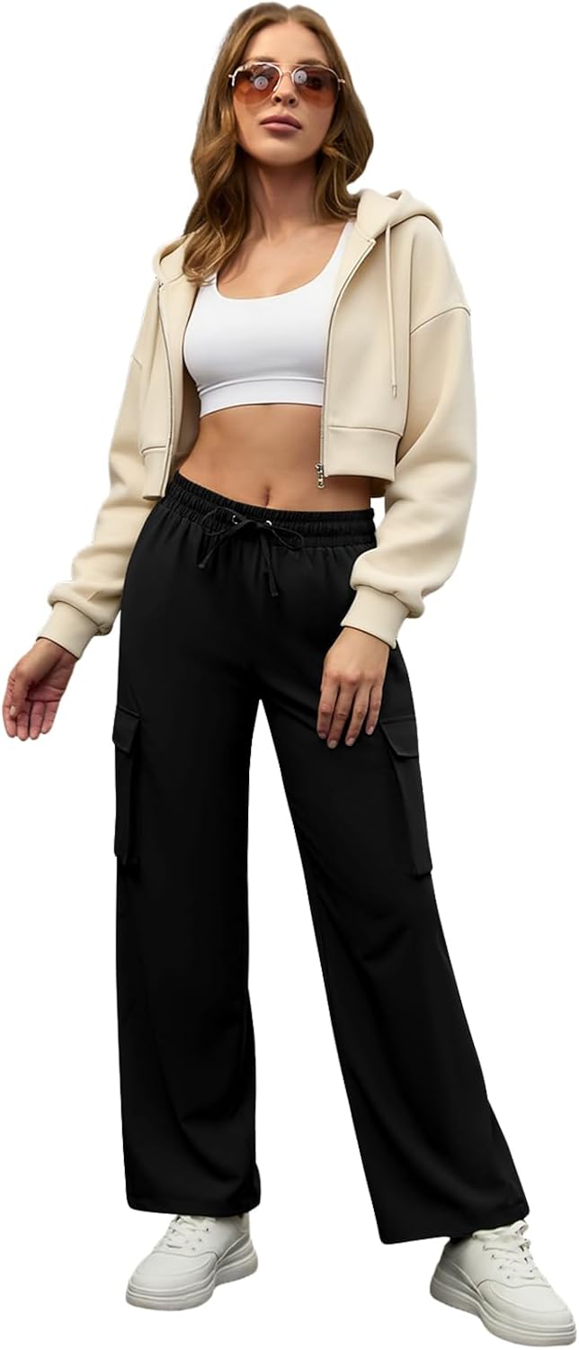 COPYLEAF Cargo Pants Women High Waisted Parachute Hiking Pants with 4 Pockets Lightweight Baggy Water Resistant Quick Dry