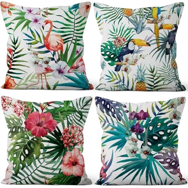 4 Pcs/Set Rose Flowers Pillow Covers Summer Floral Green Leaves Pink Flowering Shrub Natural Scenery Watercolor Romantic Linen Cushion Case for Outdoor Couch Sofa Bedroom, 16x16