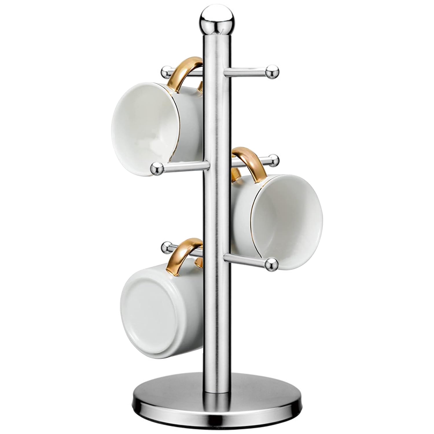LENND Stainless Steel Mug Rack with 6 Hooks, Tree Shaped Tea Cup Storage Holder Stand Home Kitchen Mug Hanging Display Drinkware Shelf - Silver