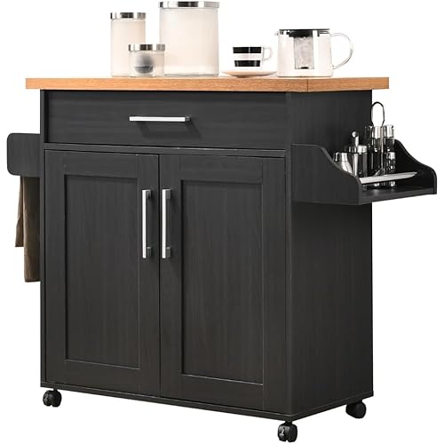 Hodedah Rolling Wood Kitchen Island Cart with Spice Rack, Towel Rack, Utensil Drawer plus Cabinet, White with Beech Top