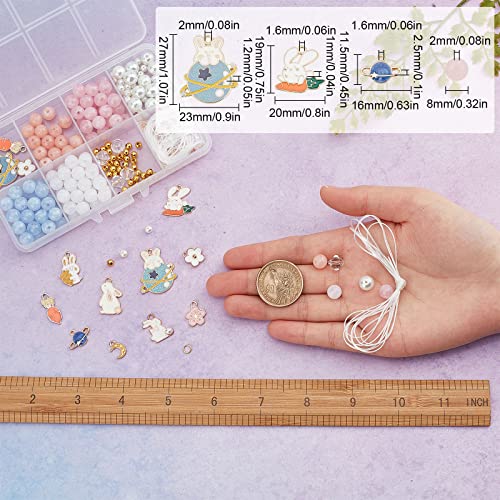 SUNNYCLUE 1 Box 241Pcs DIY 6 Set Easter Rabbit Charms Enamel Bunny Charms Beaded Bracelets Making Kit Carrot Planet Moon Crescent Charm Round Glass Beads Faceted Bead for Jewellery Making Beading Kits - Image 3