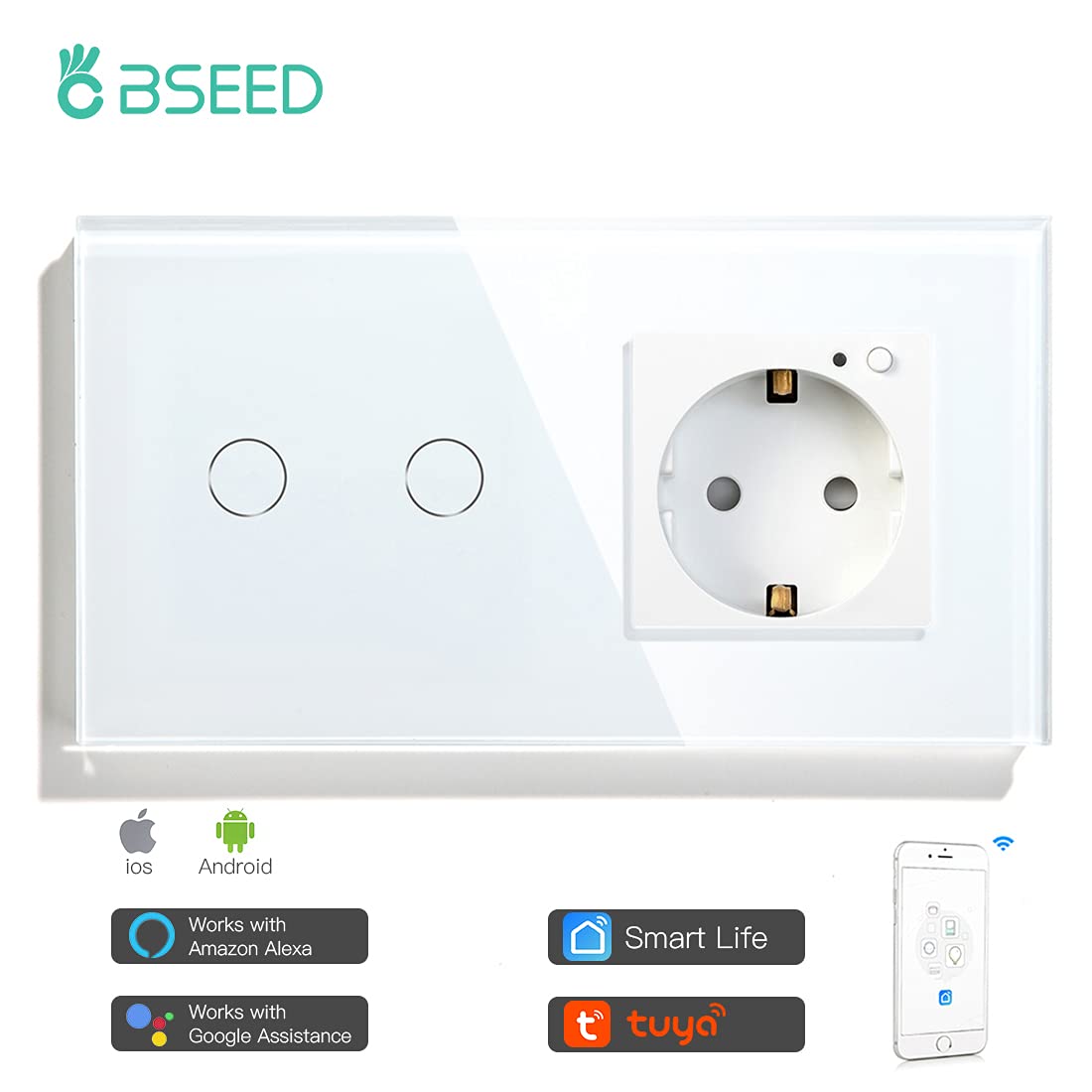 BSEED WiFi Smart Alexa Lichtschalter mit Steckdose, Kompatibel mit Google Home Tuya, Glas Touchscreen-schalter Wlan Lichtschalter 2 Fach 1 Weg Weiß (Neutrale Leitung Benötigt) 2er Pack