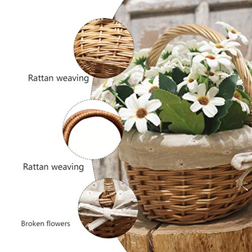 Cesto de piquenique de vime com alça de flor de tecido e salgueiro decorativo para cerimônia de casa