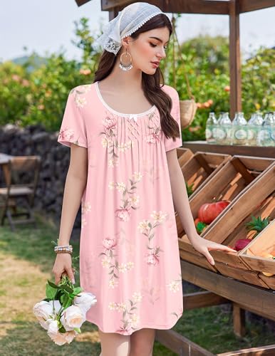 Image of Ekouaer Nightgowns for Women Pleated Sleep Shirts Short Sleeve Night Shirts Lace Trim Night Gown Ladies Sleep Dress