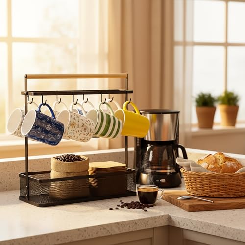 Image of Hiceeden Coffee Cup Holder with Storage Basket, Coffee Mug Tree Rack with Handle, Cup Stand Coffees Station Bar Organizer for Countertop, Holds 8 Cups (Black)