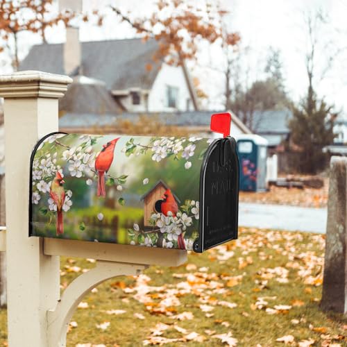 Image of Spring Birds Floral Magnetic Mailbox Cover Colorful Summer Birdhouse White Flowers Mailbox Wrap Post Cover Standard Size 21x18 Inch for Garden Yard Outdoor Outside Seasonal Decor