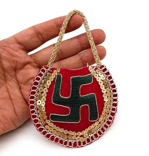 Sau Rang India Roli Haldi Pusupu Kumkum Dome Glass Bottle Gift Set | Thamboolam Return Gifts for Wedding, Pooja, Diwali, Rakhi, Navratri (Swastik Purse Round, 10 pcs)