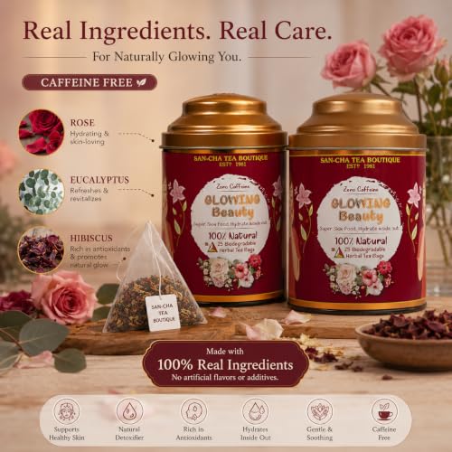 Image of Sancha Tea Boutique, Glowing Beauty Herbal Tisane, 25 Pyramid Bags x Pack of 2, Caffeine Free Floral Blend with Hibiscus, Rose & Eucalyptus, Traditionally Valued for Radiance