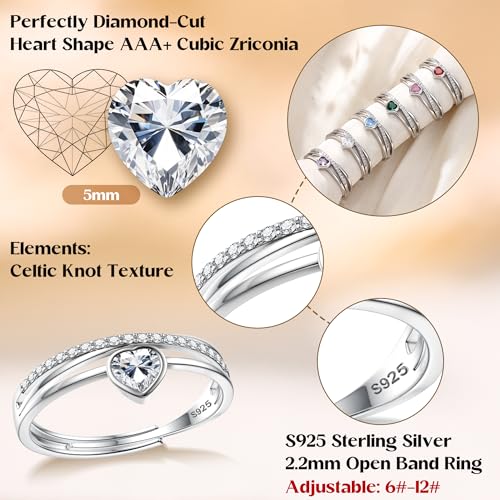 JeweBella Anillo Plata de Ley 925 Mujer Ajustable Anillos Corazón Piedras Cumpleaños Circonita Cúbica Anillos de Compromiso Pedida Promesa Anillos Mujer de Aniversario Amistad - imagen 2