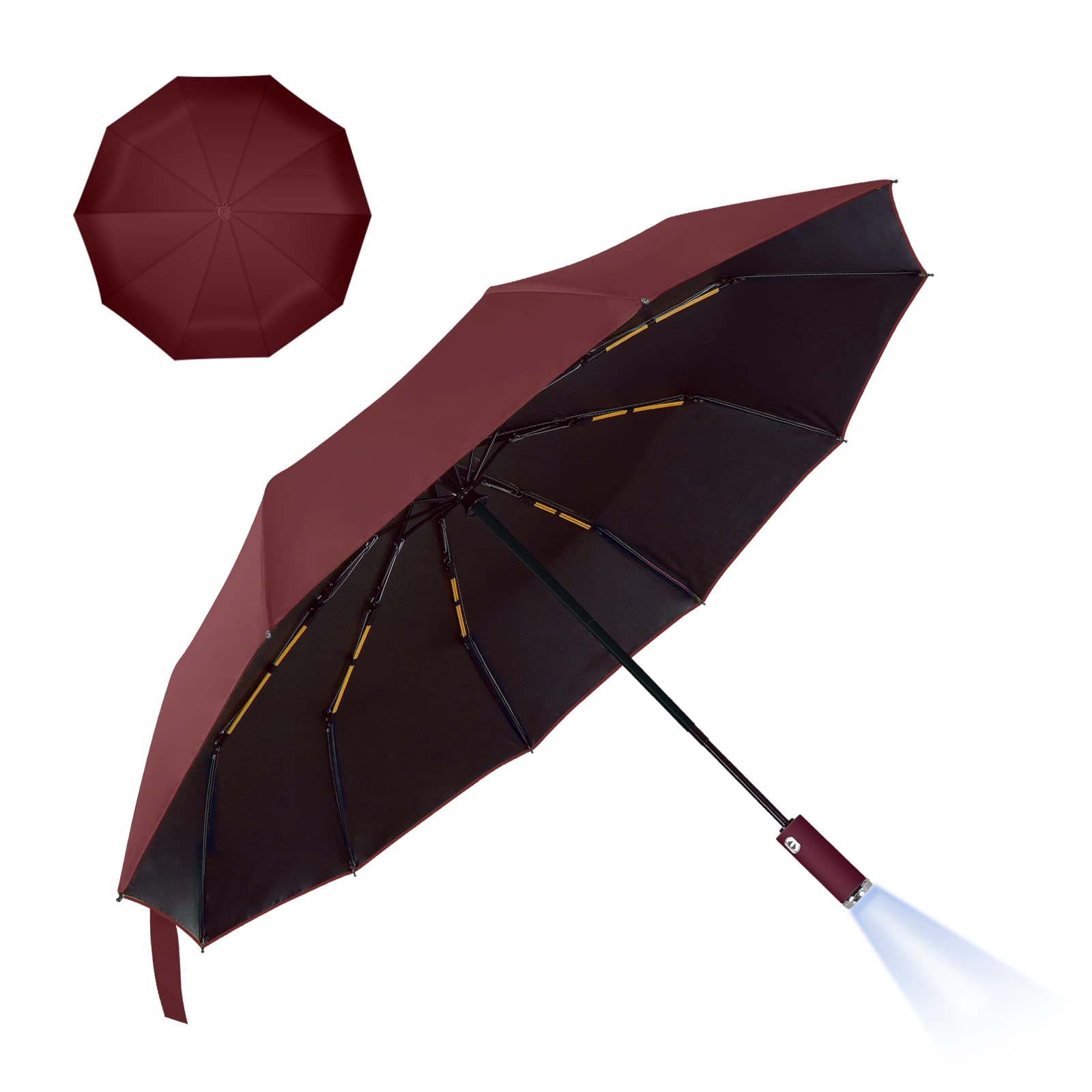 SOPPY Folding Umbrella Windproof with LED light, 10 Reinforced Ribs Travel Umbrella for Women Men, Compact, Lightweight, Auto Open and Close, Strong and Portable, Umbrella with Teflon Coating