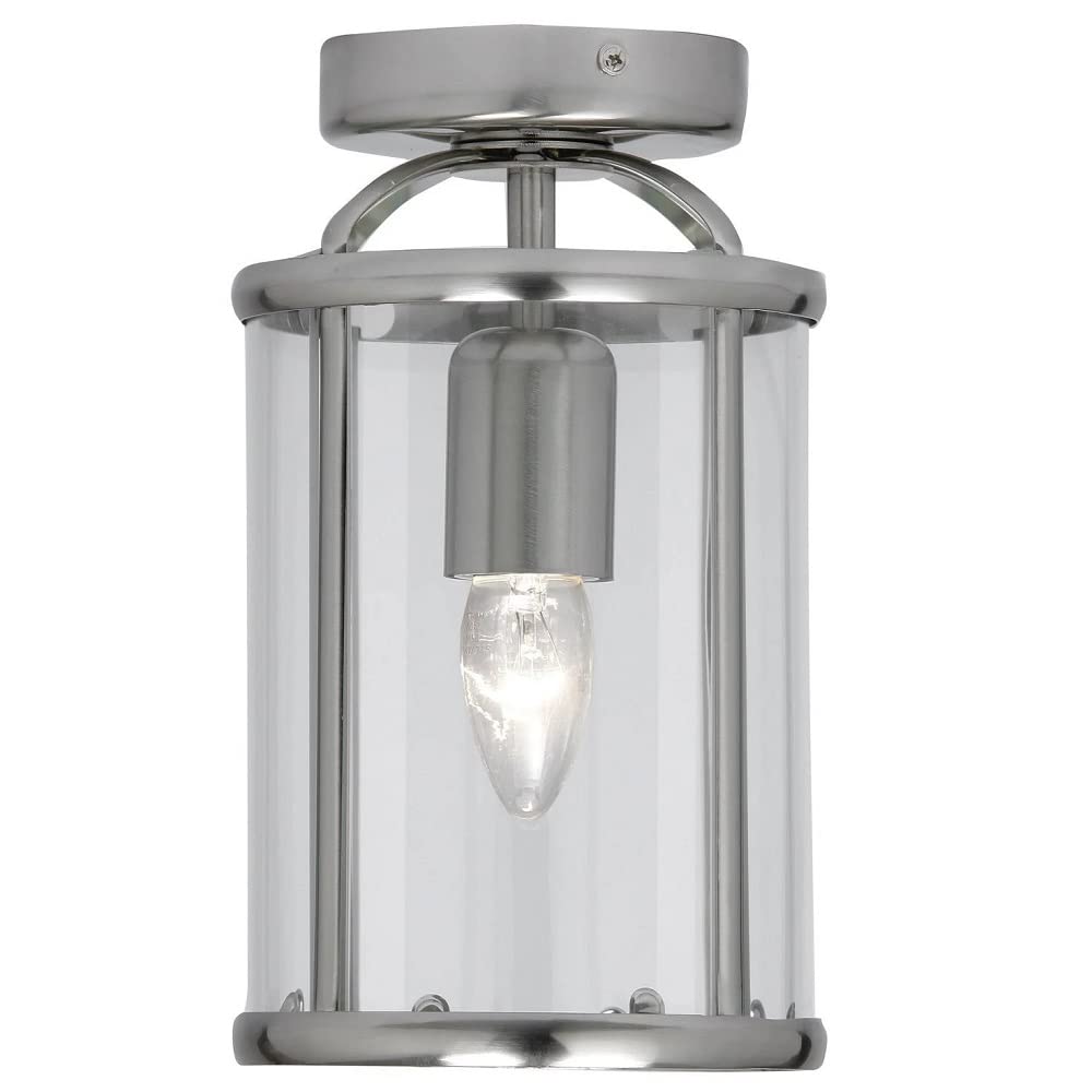 Britalia Antique Chrome & Clear Glass Panel Vintage Round Lantern Flush Ceiling Light | 16cm Diameter | 1 x ES E27 Lamp Required | UK Approved | Retro Semi Flush