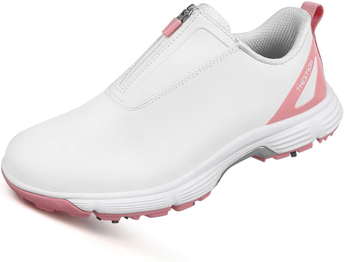 Spiked Golf Shoes with Zipper, Slip on Women's Waterproof Walking Tennis Shoes Lightweight Golfing Sneakers