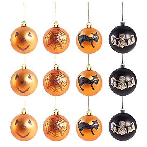 Adornos de bola para colgar de Halloween, 12 piezas de bolas de purpurina colgantes de 2.16 pulgadas, cara fantasma, gato pintado para decoración de fiesta de Halloween Cover