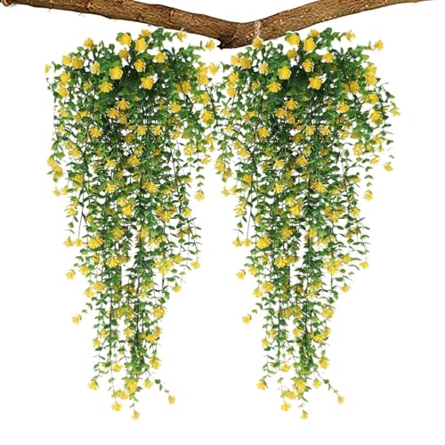 Flores colgantes artificiales – 2 piezas de flores artificiales | Plantas colgantes falsas resistentes a los rayos UV | Ramo de flores para interiores y exteriores | Plantas de flores falsas para
