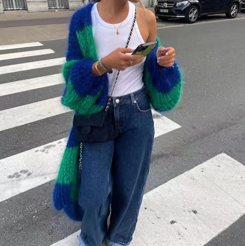 Oversized Striped Sweater Cardigan Women's Colorblocked Medium Long Open Front Cardigans Striped Knit Coat4