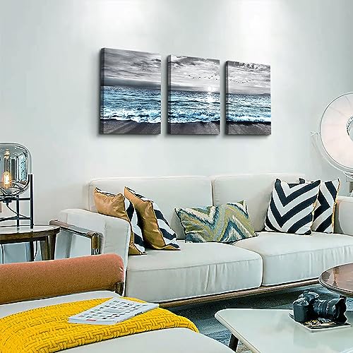 DZRWUBHS Large 3 Piece Framed Canvas Wall Art for Living Room, Office, Bedroom - Modern Home Decor Black and White Beach Painting Blue Ocean Sea Wave Pictures Artwork
