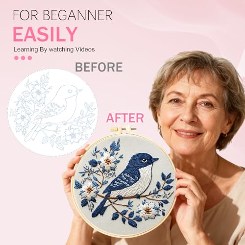 Image of Huacan Embroidery Kit for Beginners Adult, Include Embroidery Cloth Hoops Threads for Craft Lover Hand Stitch with Embroidery Skill Techniques