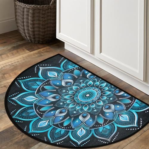 Image of cfpolar Half Round Door Mat Ethnic Mandala Blue Floral Non-Slip Semi Circle Area Rug Washable Half Moon Hearth Rugs for Indoor Outdoor Bathroom Kitchen Patio Runner Mat Laundry Room Home Decoration