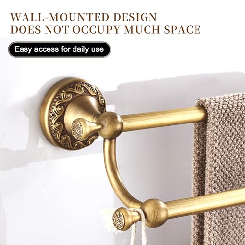 Image of Wall Mounted Bathroom Double Towel Rack, Towel Bar Adjustable 15.5 to 27.5 Inch Antique Brass Pattern Carving,Brushed Bronze