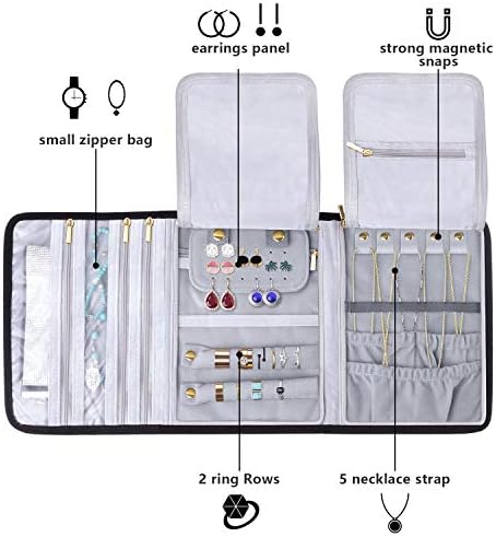 Teamoy Jewellery Roll, Jewellery Wrap, Travel Jewellery Organiser with Various Departments, Velvet Material, Black