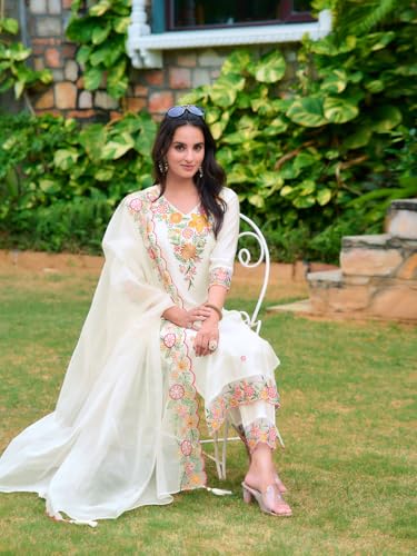 Image of NIVANA Womens Embroidered Rayon Kurta with Pant & Organza Embroidered Dupatta | Straight Fit | V-Neck | 3 /4 Sleeve | Ethnic Wear Set for Festive & Casual Occasions