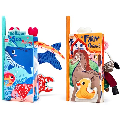 JoyCat Libros Bebe Juguetes Bebes 0 3 6 12 Meses, 2PCS Libros de Tela Blandos para Bebes Recien Nacido Niños Educativo Juguetes Niños 1 año, Animales Libro Sensorial Suave de Actividades para Bebé