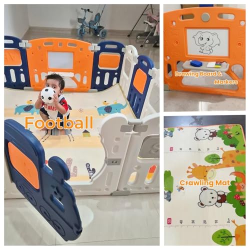 Image of Assembly-Free 14 Panel Playard, Baby Playpen Fence with Crawling Mat and Football for Baby Upto 8 Years with Safety Locking Door & Drawing Board (150x150cm, Foldable) -Blue