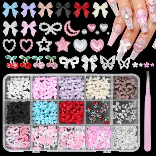 Bow Nail Charms and Gems, Color Acrylic Bows for Nails Silver Bows Cherry Nail Gems Charms, Bow Nail Charm Pearl Heart Star Nail Charms for Women DIY Crafts Accessories