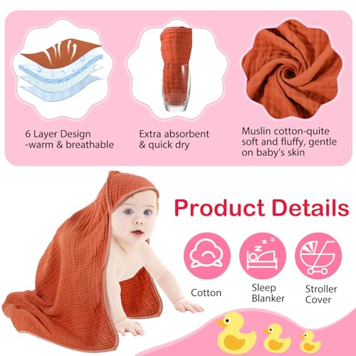 Image of Peryiter 6 Pcs Muslin Hooded Baby Towels, 32 inchx 32 inch Cotton Newborn Bath Towel Muslin Infant Baby Blankets Absorbent Unisex Newborn Registry Gift Essentials for Girls Boys (Orange)