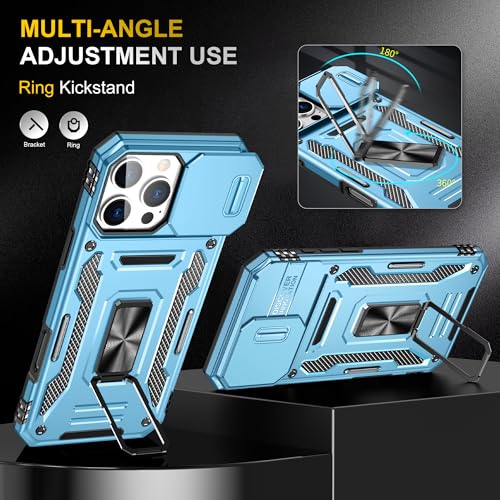 Image of Polycarbonate Slide Camera Cover with Ring Holder Mobile Phone Back Cover for iPhone 16 Pro (Blue)