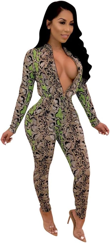 Ekaliy Women Sexy Jumpsuits Long Sleeve Rompers Front Zip Clubwear Snakeskin Pattern Green S
