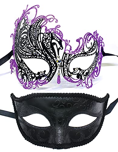 2 Pack Couple's Masquerade Mask Set Venetian of Realistic Silicone Masquerade Half face Mask (Black purple powder)