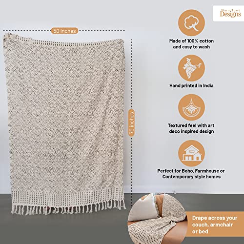 Warm Toast Designs Boho Throw Blanket, Throw Blanket For Couch, Lightweight Throw Blanket, 100% Cotton Couch Throw Blanket, Beige Colored Throw Blanket Boho Style, Beige Throw Blankets (Beige Cecil) #TOP5