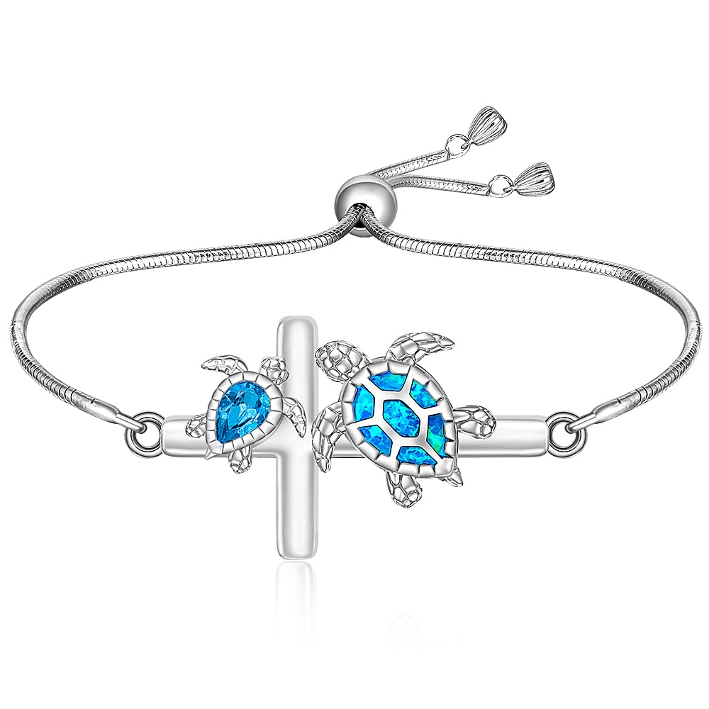 Fenthring Turtle Bracelet Cross Sea Turtle Bracelet for Women Sterling Silver Turtle Bracelets Ocean Beach Hawaiian Adjustable Turtles Gifts