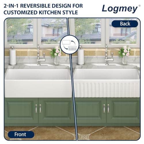 Logmey 36 Inch White Farmhouse Sink Ceramic Porcelain 36x20 Fireclay Farm Kitchen Sink Apron Reversible Large Single Bowl by Logmey - Used condition - Image 3